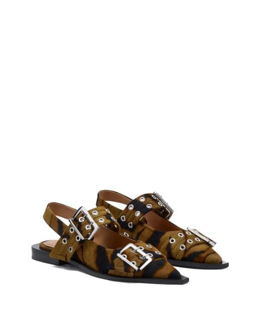 Ganni White Buckle-Detail Zebra-Print Mules