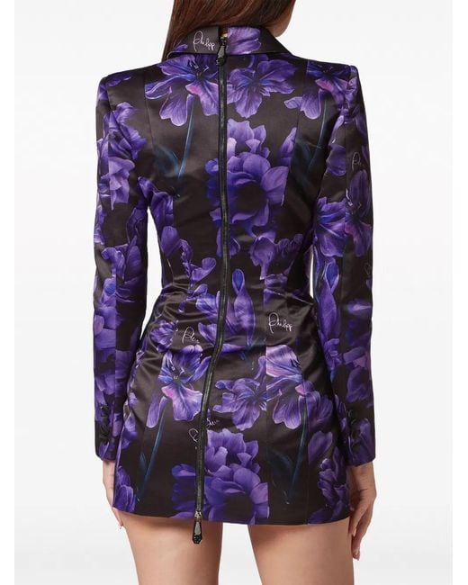 Philipp Plein Blue Duchesse Floral-Print Minidress