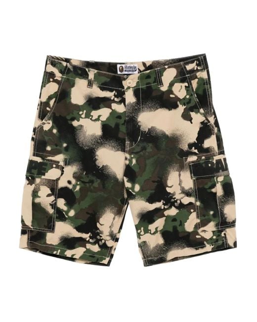 A Bathing Ape Green Map Camo Cargo Shorts for men
