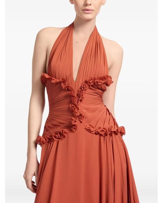 Elie Saab Red Robe Longue En Soie À Col V