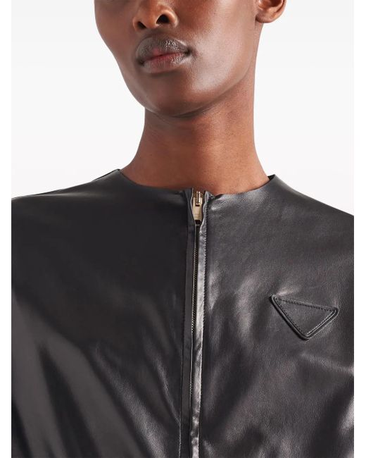 Prada Black Cropped Leather Bomber Jacket