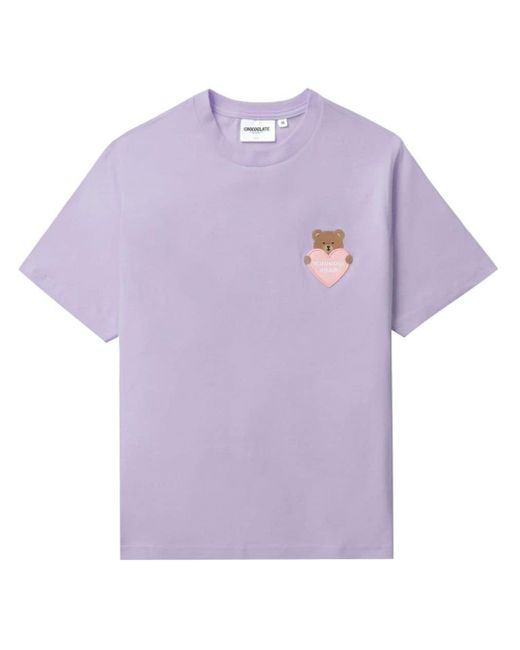 Chocoolate Purple Chocoo Bear Embroidered Cotton T-shirt