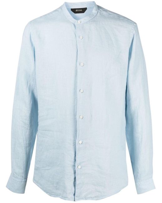 Z Zegna リネン ノーカラー シャツ カラー ブルー メンズ Lyst