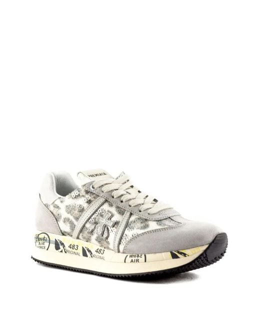 Premiata White Connie Leopard-Print Sequin Sneakers