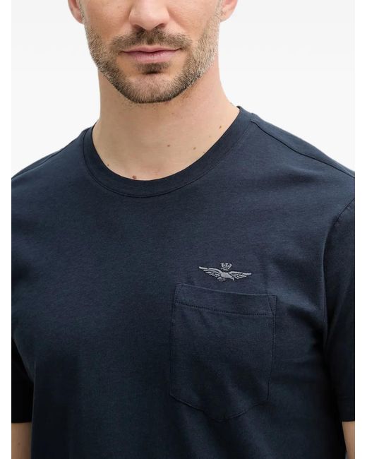 Aeronautica Militare Blue Logo-Embroidered Chest-Pocket T-Shirt for men