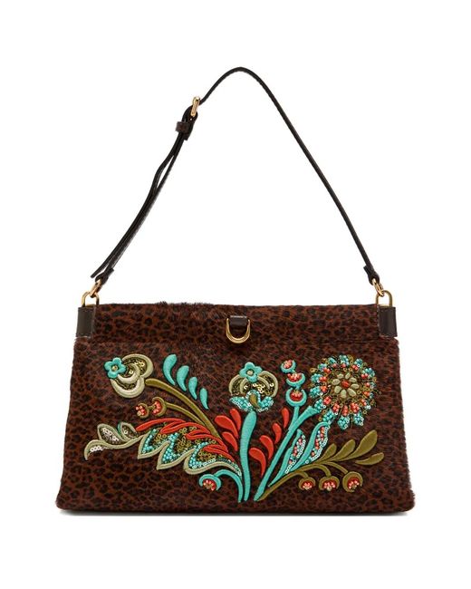 Etro Black Embroidered Leopard-Print Shoulder Bag