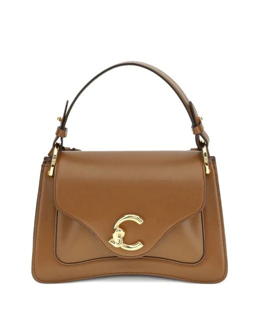 Coccinelle Brown Small C-Me Logo-Plaque Leather Tote Bag