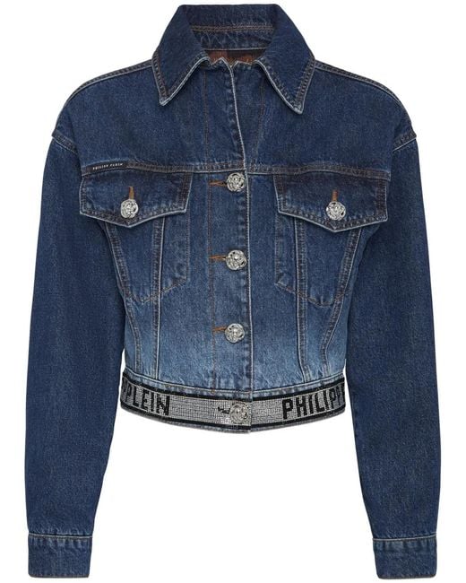 Philipp Plein Blue Crystal Cropped Denim Jacket