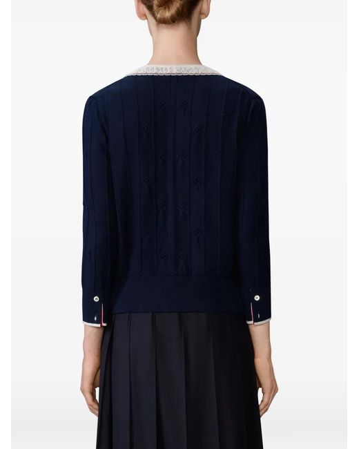 Thom Browne Blue Merino Wool Bobble Stitch Lace Trim Cardigan
