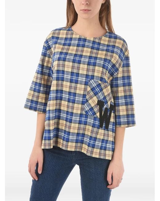 Woolrich Blue Plaid Monogram-Patch Blouse