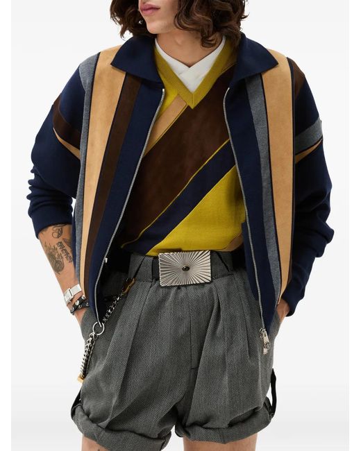 Versace Blue Intarsia Wool & Leather Patchwork Zip Jacket for men