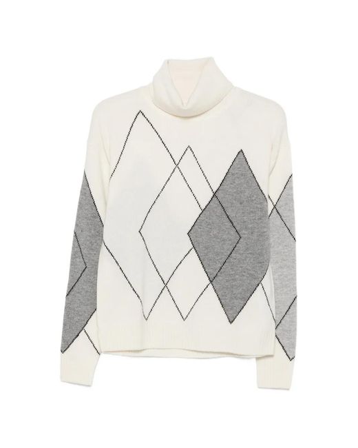 Seventy White Argyle-Pattern Roll-Neck Sweater