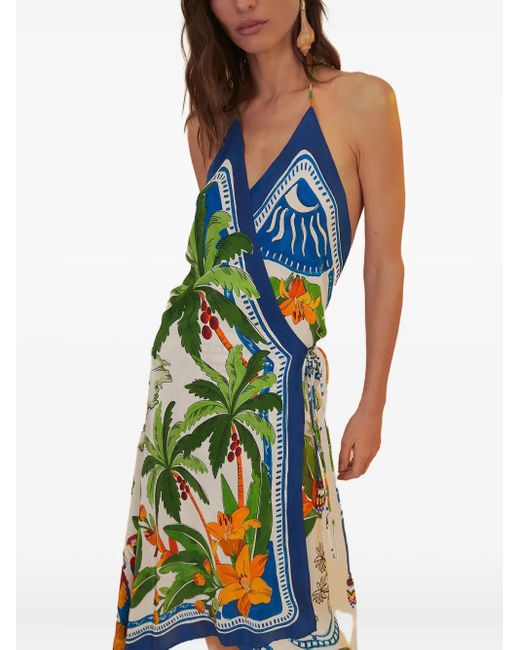 Farm Rio Blue Tropical-Print Midi Dress
