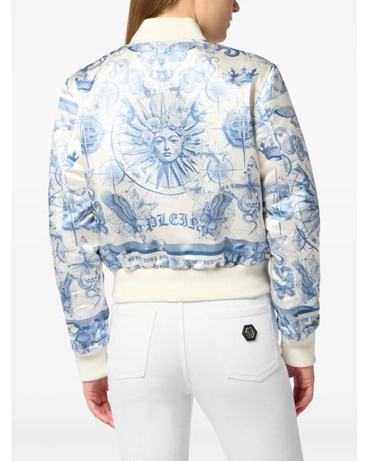 Philipp Plein Blue Satin Bomber Jacket Butterfly Tattoo