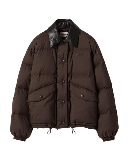 Miu Miu レザーカラー パデッドジャケット Brown