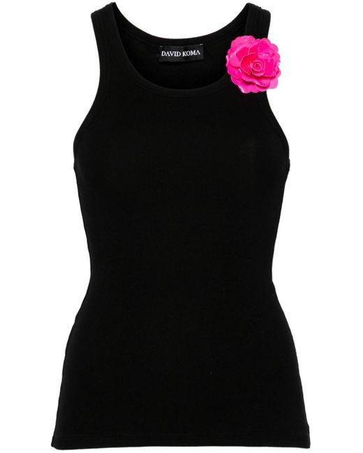 David Koma Black Fein geripptes Trägershirt mit Blumen-Brosche