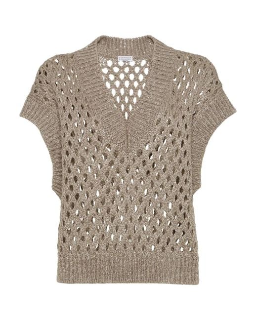 Brunello Cucinelli Gray Open-Knit Sleeveless Top
