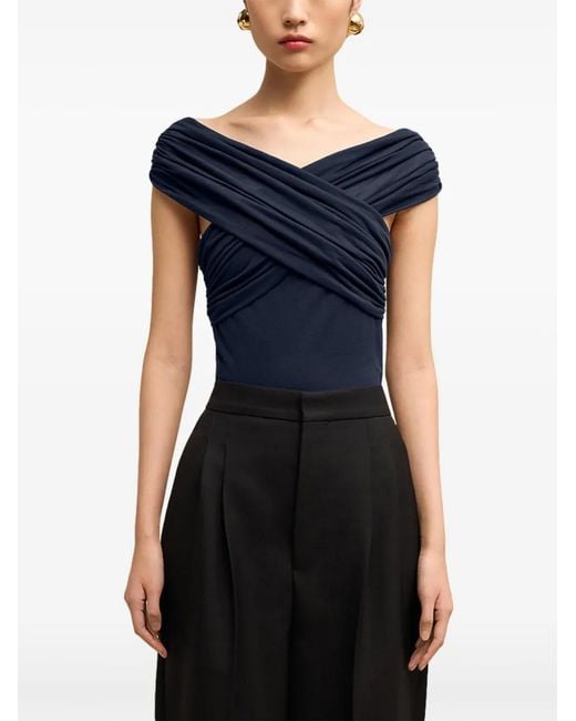 AMI Blue Draped-Design Cotton-Blend Top