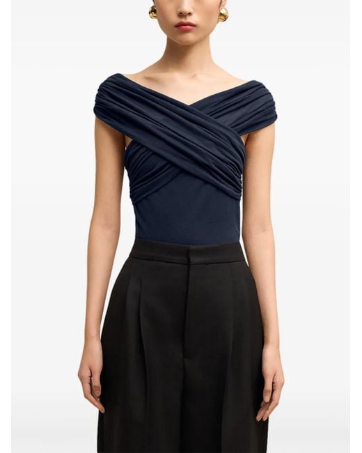 AMI Blue Draped-Design Cotton-Blend Top