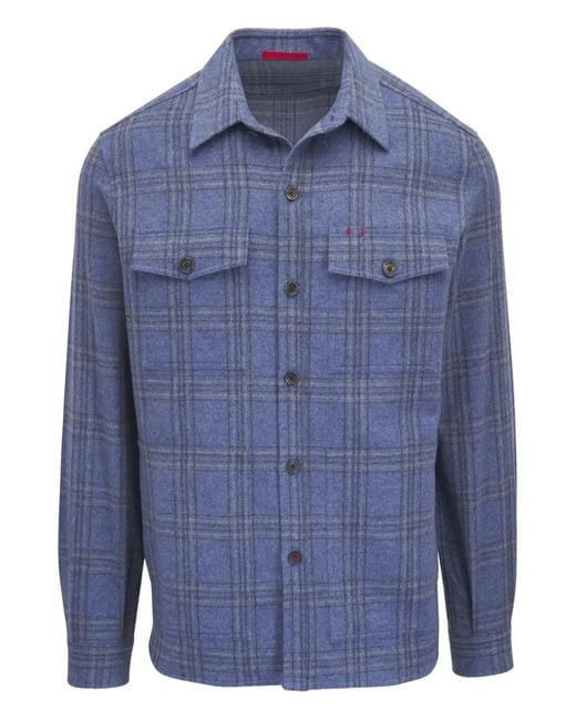 Isaia Blue Checked Pocketed Shirt Jacket for men