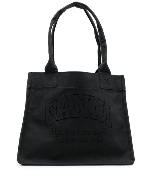Ganni Black Logo-embroidered Canvas Shopper Bag