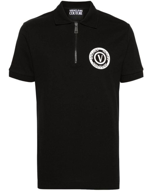 Versace Black Logo-print Zipped-up Polo Shirt for men