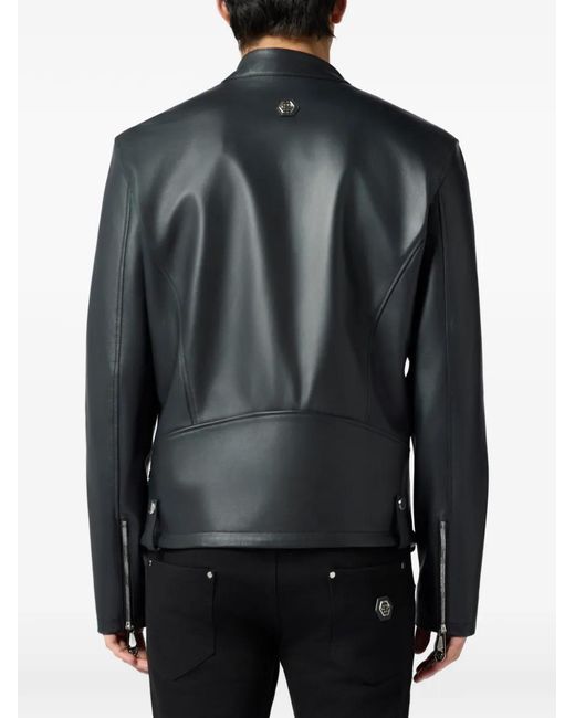 Philipp Plein Black Leather Biker Jacket for men