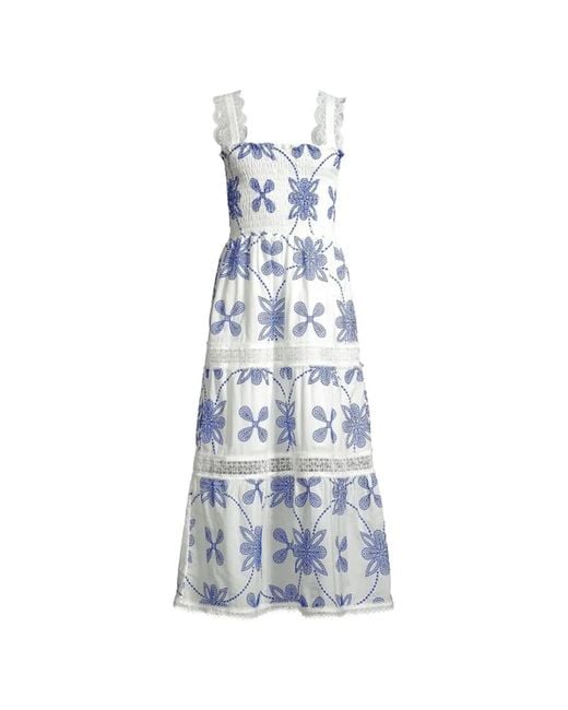 Waimari Blue Coco Embroidered Tiered Maxi Dress