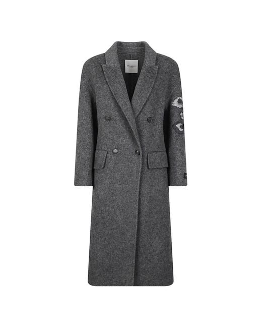 ERMANNO FIRENZE Gray Double-Breasted Floral-Patch Coat
