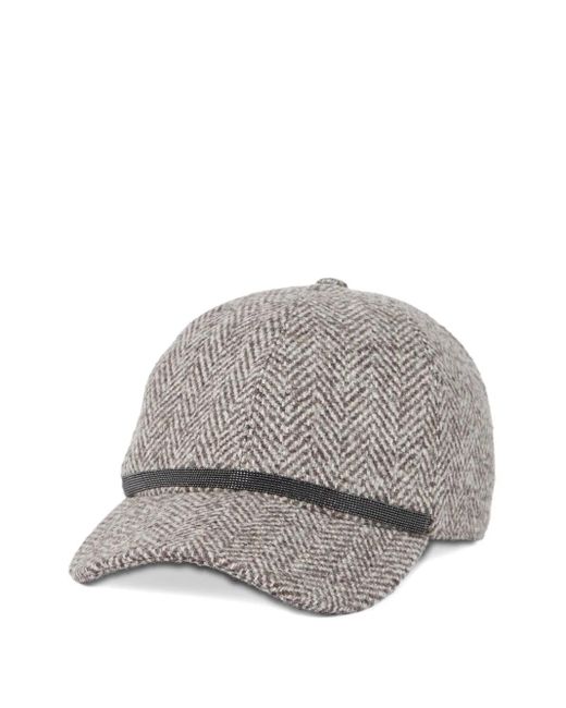 Brunello Cucinelli Gray Herringbone Tweed Baseball Cap