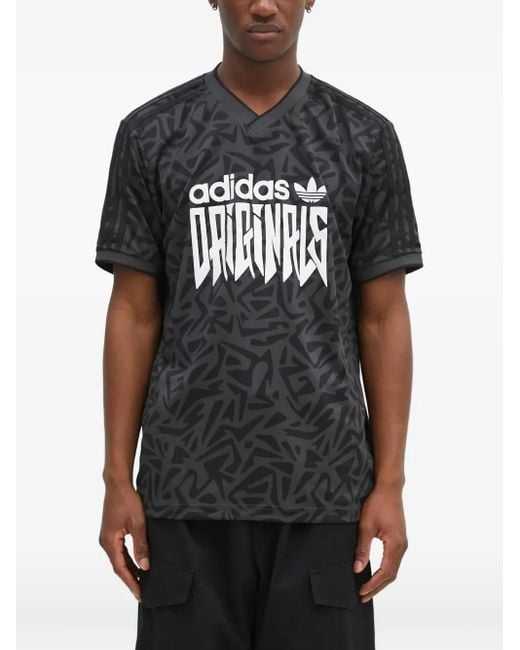 Adidas Black Abstract-Print V-Neck T-Shirt for men