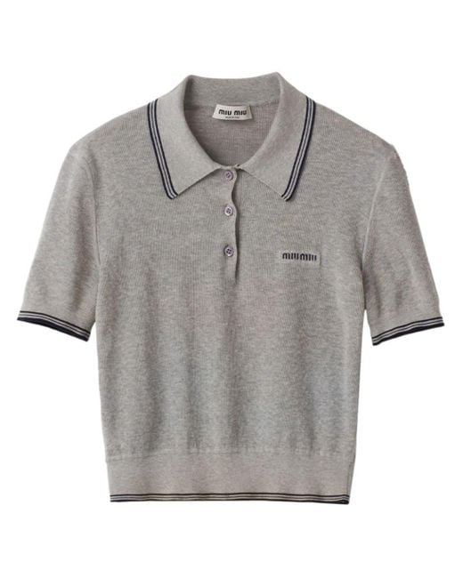 Miu Miu Gray Logo-jacquard Cropped Polo Shirt