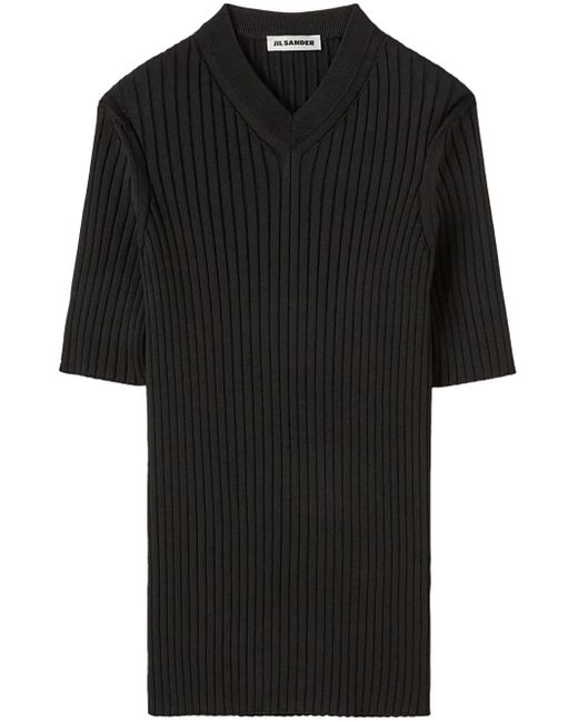 Jil Sander Black Ribbed-Knit V-Neck T-Shirt for men
