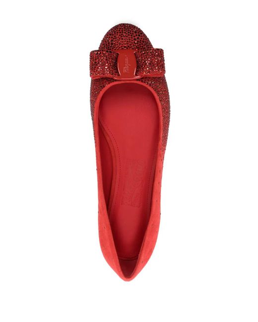 Ferragamo Red Vara-Bow Rhinestone-Embellished Ballerina Shoes