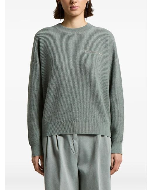 Peserico Gray Ribbed-Knit Chain-Detail Jumper
