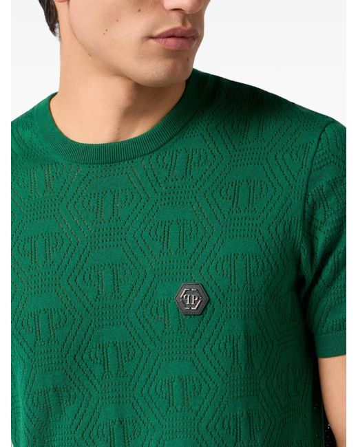 Philipp Plein Green Monogram-Pattern T-Shirt for men