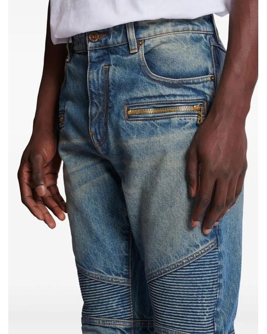 Balmain Blue Biker Zip-Pocket Cotton Jeans for men