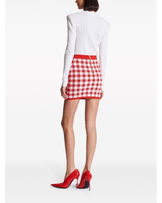 Balmain Red Vichy Buttoned Mini Skirt