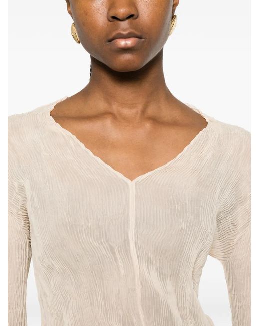 Issey Miyake White V-Neck Ruffled T-Shirt