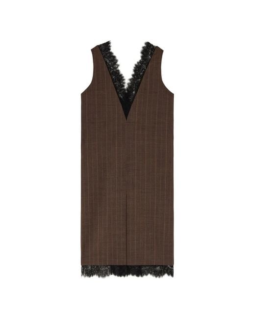 Ganni Brown Pinstriped Lace-Trim Midi Dress