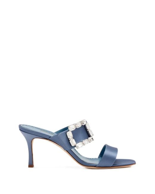 Manolo Blahnik Blue Mayjousan Crystal-Buckle Heeled Sandals