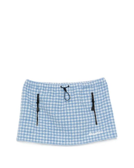 Miu Miu Blue Vichy Gingham Drawstring-Waist Fleece Mini Skirt