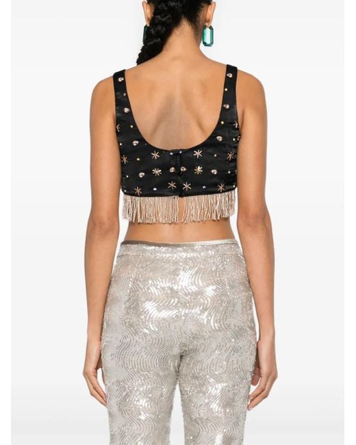 Forte_forte Black Fringed Bead-Embellished Crop Top