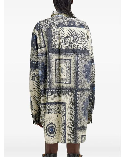 Roberto Cavalli Gray Bandana-Print Shirt Dress