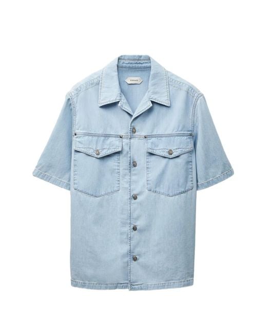 Versace Blue Embroidered-Logo Denim Cotton Shirt for men