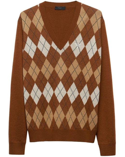 Prada Brown Argyle Intarsia-knit Jumper for men