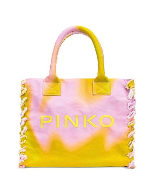 Sac de plage frangé en toile à logo imprimé Pinko en coloris Yellow