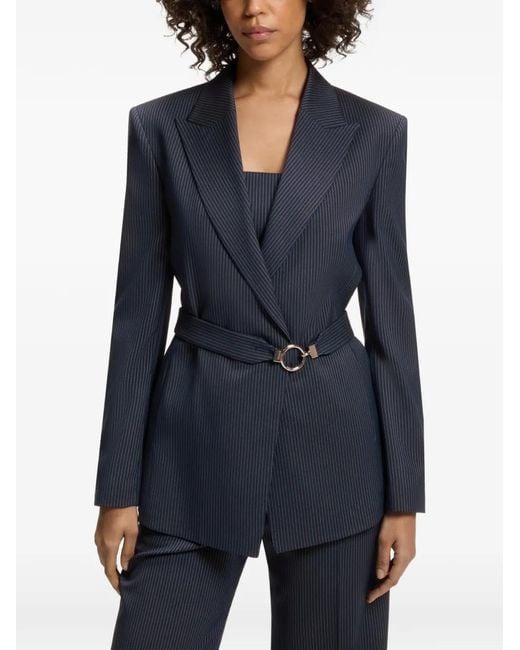 HUGO Blue Pinstripe-Print Belted Blazer