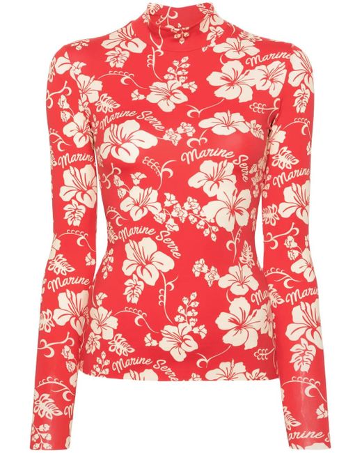 MARINE SERRE Red Botanical-Print High-Neck T-Shirt