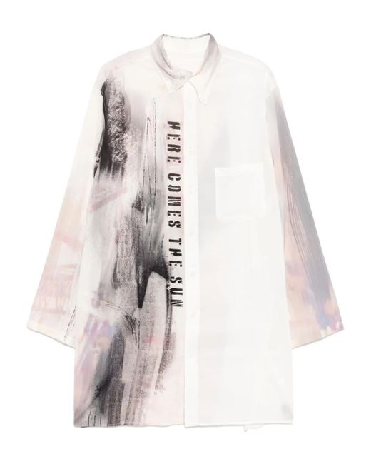 Yohji Yamamoto White Printed Asymmetric-Collar Shirt for men